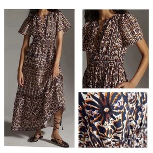 Anthropologie Maeve Somerset Maxi in Orange Navy 100%Cotton Maxi PulloverDress S